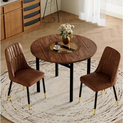 REDOM - Conjunto de mesa de comedor redonda de 100 cm con 2 sillas, tablero con vidrio integrado, estante de vidrio, MDF, marrón y negro (1/5)