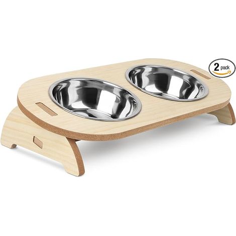 OWill Elevated Cat Bowls 15° Raised Bowls with Tilted Stand, 2 Stainless Steel Water and Food Bowls with Wooden Stand for Cats and Puppies (1/5)