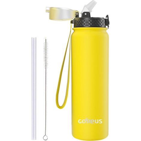 Trinkflasche 1L Edelstahl Doppelschicht Strohhalm BPAfrei Gelb 1000 ml (1/5)