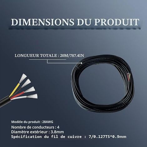 Cable Electrique Souple 28AWG Noir les petits appareils 5V/12V/24V/300V cable electrique fils (1/4)