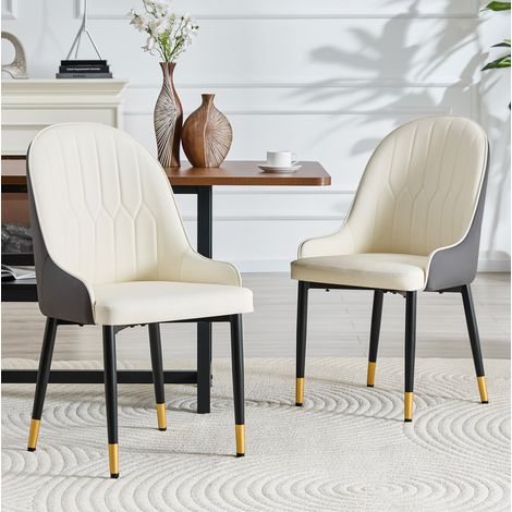 Set de 2 sillas de comedor 91 cm en PU blanco/gris oscuro con respaldo en rayo y detalles dorados (1/5)