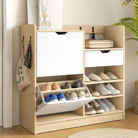 Étagère à Chaussures pour Couloir avec Tiroirs Inclinables et Étagères Ouvertes, 4 Crochets et Capacité 14 Paires, Meuble de Rangement Fonctionnel, 93 x 30 x 90 cm, Naturel (1/5)