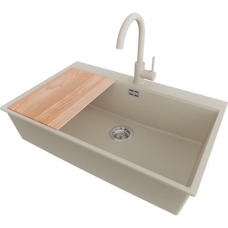 PRIMAGRAN Evier Cuisine en Granit 78x50cm,Lavabo 1 bac + Robinet 32x20cm + Kit de Vidage + Planche à Découper, Évier à Encastrer au meuble 80cm - Oslo, Beige (1/5)