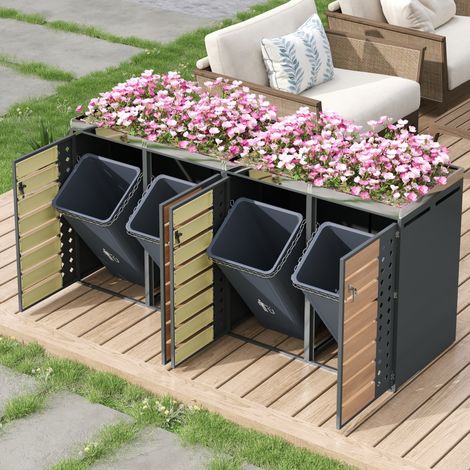 Mülltonnenverkleidung mit 4 Fächern und Pflanzkasten, verzinkter Stahl grau und Holz HAVRYA (1/5)