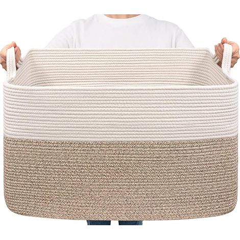 Panier à linge rectangulaire - 85 l - Panier de rangement pour jouets de bébé - Panier de rangement pour couvertures, coussins, serviettes d'invités - Blanc et marron (1/5)