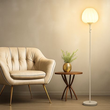 Stehlampe weiß Wohnzimmerleuchte Glas Stehleuchte opal, Rillen Design, 1x LED 9W 810Lm warmweiß, DxH 29x165 cm