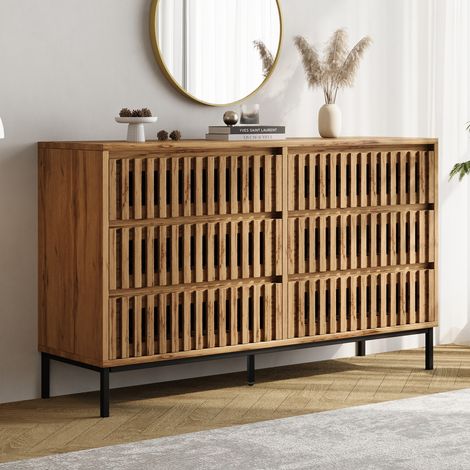 Cómoda (120x40x81 cm), con 6 cajones, diseño de rejilla, patas ajustables, MDF y tablero de partículas, color madera natural (1/5)
