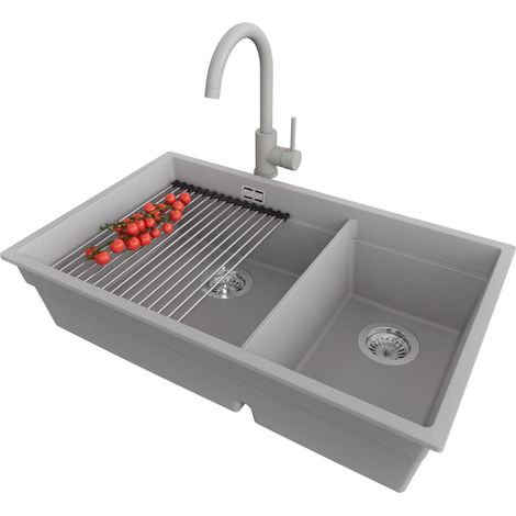 PRIMAGRAN Evier Cuisine en Granit 76x47cm, Lavabo 2 bacs + Kit de Vidage + Accessoire, Évier à Encastrer au meuble 80cm - Prague Slim Duo, Gris
