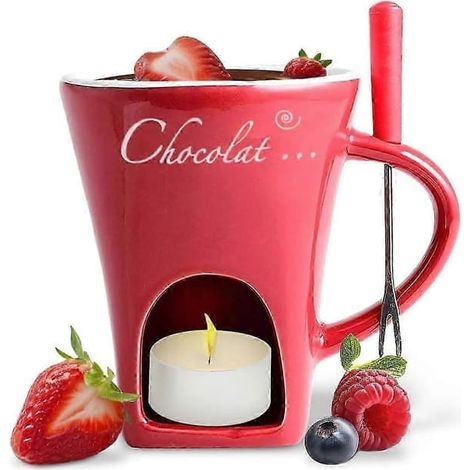 Mug à fondue au chocolat, tasse à café, mug à fondre le chocolat avec fourchette, caquelon à fondue, mug chauffant, pot à bonbons rouge (1/5)
