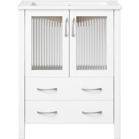 Freistehender Badschrank 61 cm, Hochglanzweiß, Keramikwaschbecken, Schubladen und Riffelglas (1/5)