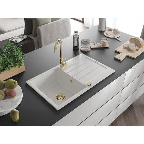 Mexen Bruno Granitspüle mit einem Becken und einer Abtropffläche 795 x 495 mm, Weiß, Siphon Gold - 6 (1/5)