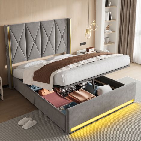 letto contenitore 160x200 USB LED velluto grigio HAVRYA (1/5)