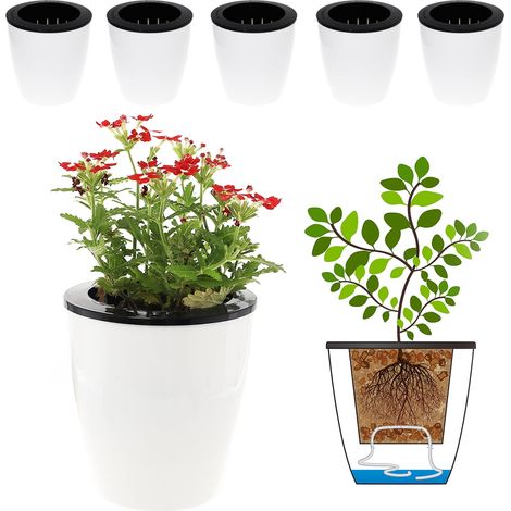 Lot de 6 pots à réserve d'eau 12 cm, blanc, pour plantes d'intérieur comme lierre doré, violette africaine, chlorophytum et orchidée, auto-arrosant par mèche (1/5)