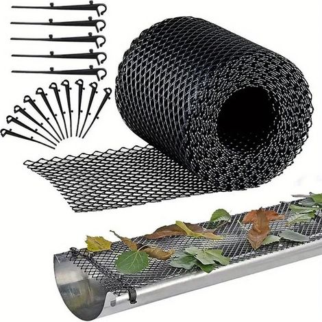 Grillage de Protection pour chéneaux et gouttière, 6 m x 15 cm Filet de vidange avec 10 Crochets de Fixation, Protection de gouttière en Maille Noir - Peut être coupé sur Mesure et résistant (1/5)