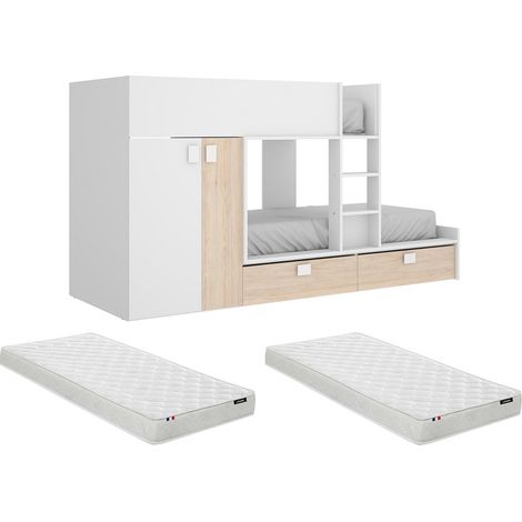 Lits Superposés 2 x 90 x 190 cm - Armoire intégrée - Blanc et naturel + matelas - JUANITO (1/5)