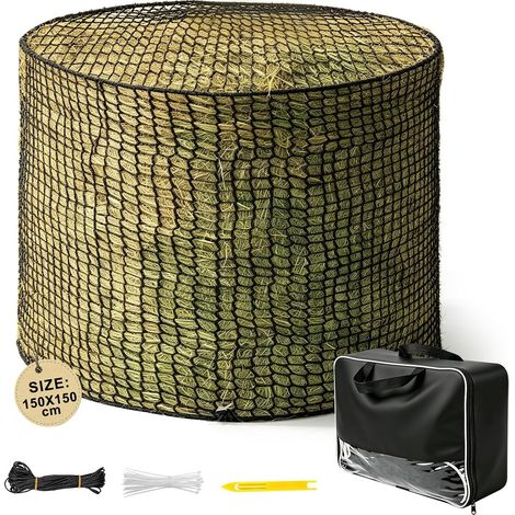 Filet a Foin Cheval Grosse Maille 150 x 150 cm, Filet pour Balles Rondes, Mailles de 4,5 x 4,5 cm, Noir, Polypropylène, Filets à Foin Balle Ronde pour Bovins, Moutons et Lamas (1/5)