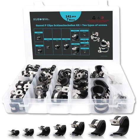 Lot de 141 Colliers de Serrage en Caoutchouc P en Acier Inoxydable 304 avec Insert en Caoutchouc, 7 Tailles (6 mm/8 mm/10 mm/13 mm/16 mm/19 mm/25 mm) (1/5)