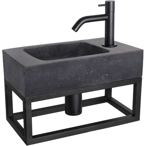 Differnz Bombai kit lave-mains - 40x22x9cm - Rectangulaire - 1 trou de robinet - Robinet noir mat incurvé - avec cadre noir - Pierre naturelle noire (1/5)