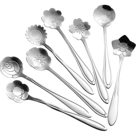 Cuillère À Thé - En Acier Inoxydable - 8 Pièces - Motifs Fleurs - Pour Café Thé Smoothie - Lot De Cuillères À Mélanger (1/5)