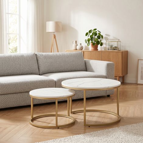 Lot de 2 tables basses gigognes empilable design industriel plateau imitation ciment pieds en métal blanc (1/5)