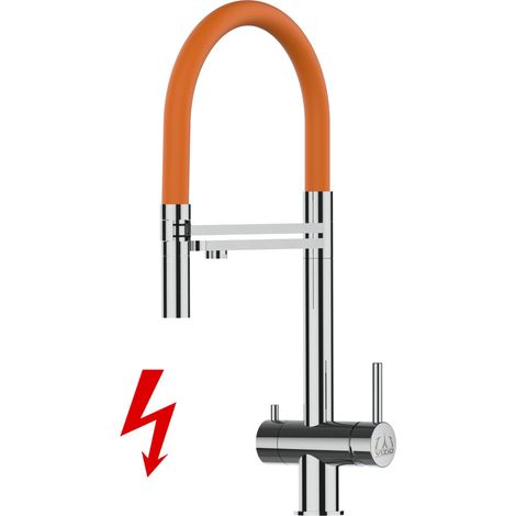 NIEDERDRUCK 3 Wege Edelstahl Massiv Küchenarmatur Spültischmischer, mit 360° schwenkbarem Orange Auslauf und 2 strahl Handbrause - Hochglanz (1/5)