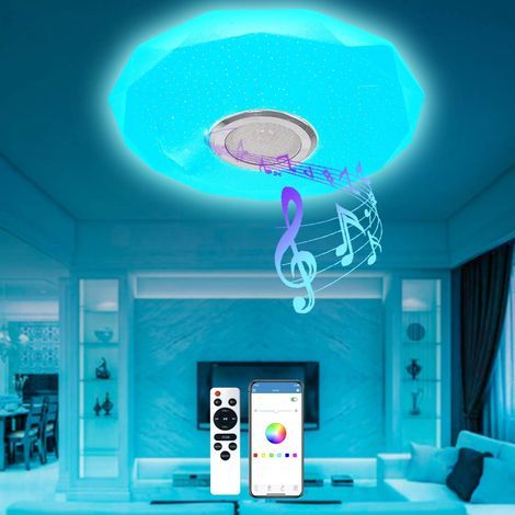 Lámpara de techo LED musical de 36 W y 4000 lúmenes, lámpara de techo LED de colores con altavoz Bluetooth, control remoto y control por aplicación, resistente al agua IP54, lámpara de techo regulable (1/5)