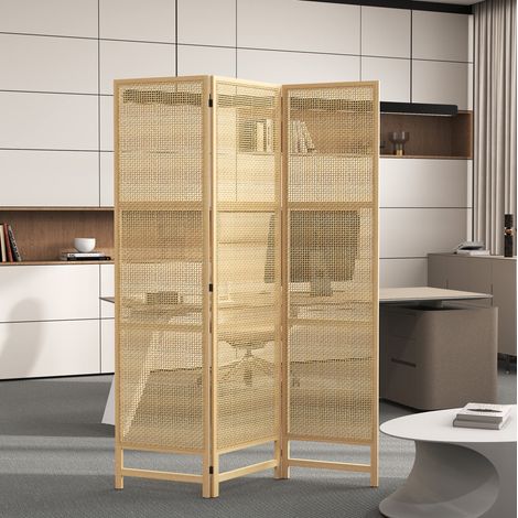 Paravent pliable 3 panneaux 135 x 180 cm en rotin synthétique et bois naturel (1/5)