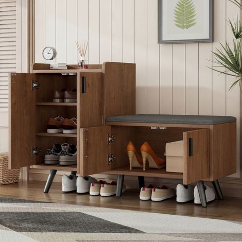 Mobile portascarpe con cuscino seduta, 4 ante, effetto legno, 120 x 34 x 82,8 cm, naturale HAVRYA (1/5)