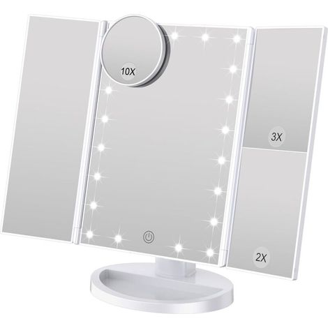 Kosmetikspiegel mit einstellbarer Helligkeit, 22 LEDs und 1-facher/2-facher/3-facher Vergrößerung, duales Netzteil (weiß) (1/5)