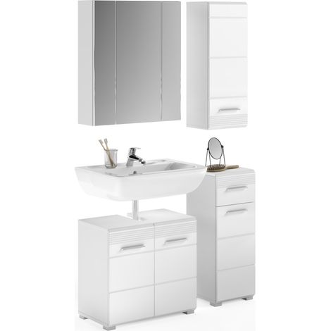 Set di mobili per il bagno: Mobile sottolavabo + 2 mezze colonne + Mobile contenitore con specchio - Bianco lucido - KLEA