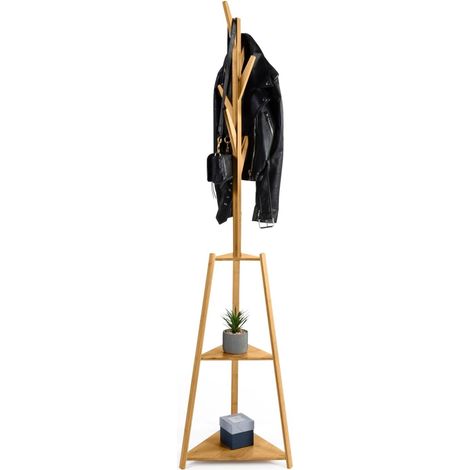 Porte-Manteau Bambou - 1 Unité - Bois Massif - 6 Patères et 3 Étagères - Entrée et Couloir - 45x39x176 cm (1/5)