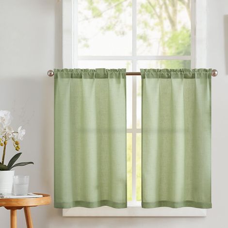Rideau Cuisine en Lin Translucide Rideaux Courts à Passe Tringle Petit Rideau Vert Intérieur Moderne pour Salon Placard Chambre Fenêtre Décoration 2 Pièces 65x90cm (1/5)
