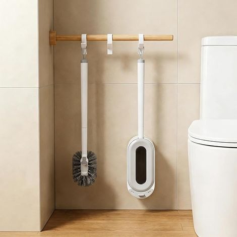 Wall-Mounted Toilet Brush Holder Automatic Lid S Head No Drilling Draining Base Bathroom Hook White (1/5)