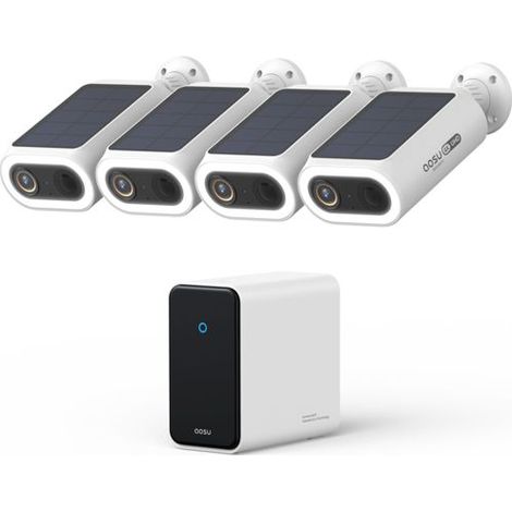 AOSU 2K Überwachungskamera Aussen Solar Akku 4 Cam-Kit mit Station Integrierte Solarplatte 0 Gebühr 32GB Lokaler Speicher AI Personerkennung Licht- & Tonalarm 2-Wege-Audio Farbige Nachtsicht IP65