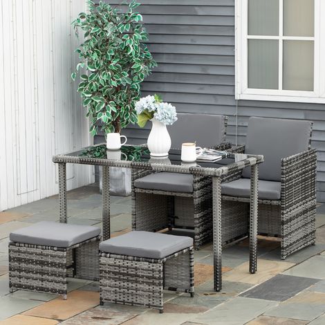 Conjunto de asientos Outsunny de poliratán para 4 personas, conjunto de comedor, conjunto de jardín con cojines, gris. (1/5)