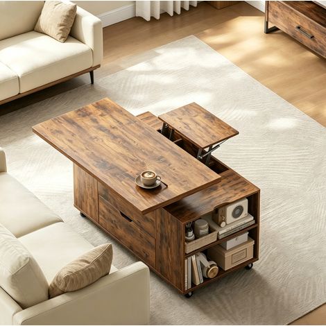 Tavolino alzabile 100x50,5x53 cm marrone rustico con ruote, legno/metallo MEUBLIV (1/5)