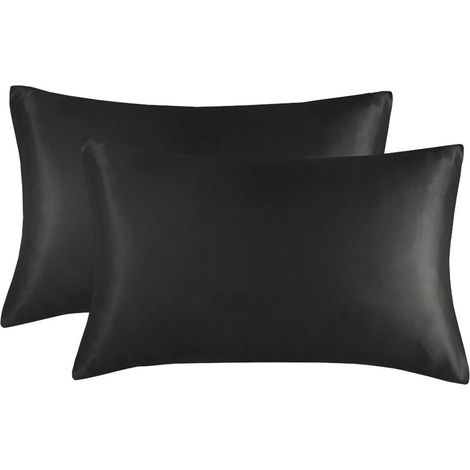 Ensemble de deux taies d'oreiller en soie glacée, avec une fermeture éclair invisible, douces pour les cheveux, souples et lisses, au toucher soyeux, 50 x 70 cm, noires. (1/5)