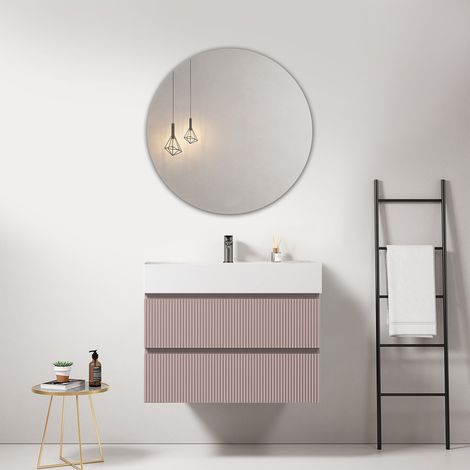 Mobile bagno sospeso cannettato 80 cm Rosa Retro Lavabo in Resina Specchio Tondo - Fiji Paint (1/4)