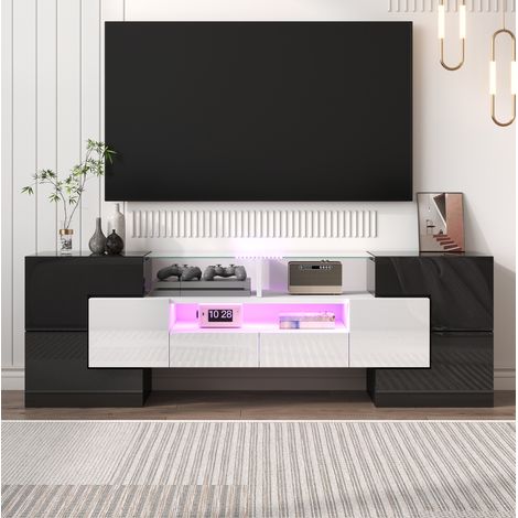 Mueble para TV de tablero de partículas blanco y negro 145x30x51 cm con 6 puertas, 2 cajones y LED multicolor (1/5)
