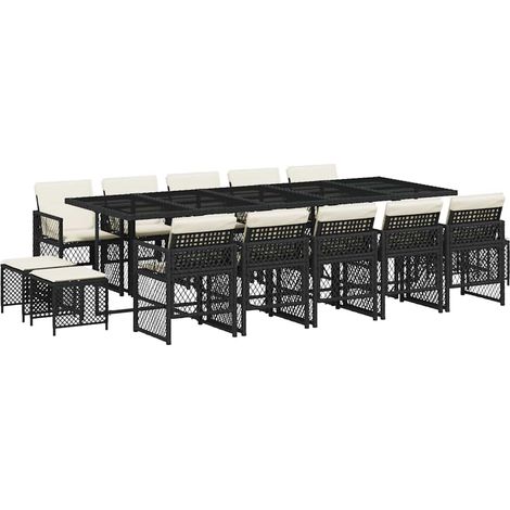15 Piece Garden Dining Set with Cushions Black Poly Rattan vidaXL