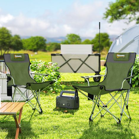 Ensemble de 2 Chaises de Camping Pliantes avec Repose-pieds et Porte-gobelets, 82x50/100x88 cm, Vert (1/5)