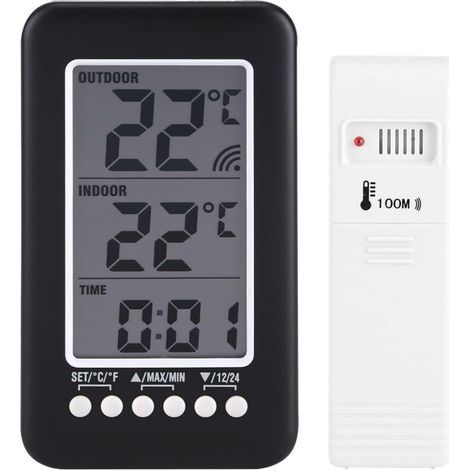Wireless indoor/outdoor thermometer – Digital LCD display – Measuring range: -30 to 70 °C – Digital clock – Batteries not included (1/5)