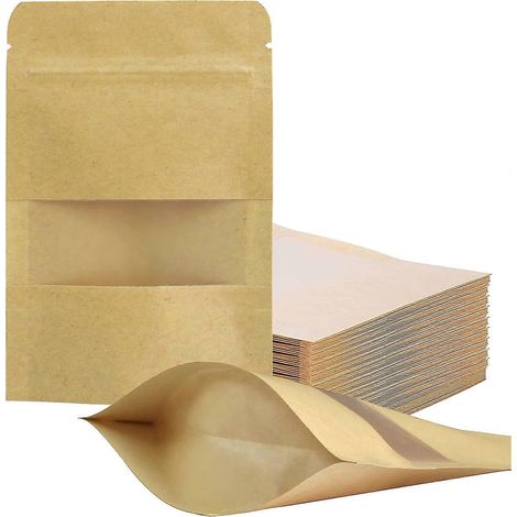 Lot de 100 sacs en papier kraft, avec fermeture éclair, réutilisables et hermétiques, pour la conservation des aliments. (1/4)