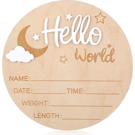 Panneau d'annonce en bois blanc pour bébé, avec inscription « Hallo Welt » pour bébé - Panneau de bienvenue pour nouveau-né - Ronde en bois - Affichage de naissance pour les futurs (1/5)