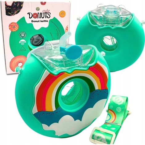 Botella de agua con pajita, diseño de donut arcoíris de silicona, 380 ml. (1/5)