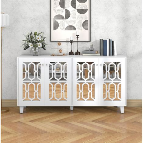 Buffet en MDF blanc effet miroir 160 x 40 x 84 cm, 4 portes, étagère intérieure mobile, poignées en verre cristal (1/5)