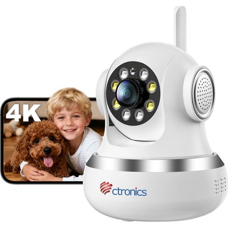 Ctronics Caméra de Surveillance Intérieure 4K WiFi 2,4/5GHz – Suivi Automatique, Vision Nocturne Couleur, Alarme Sonore & Lumineuse, Cloud/256Go TF