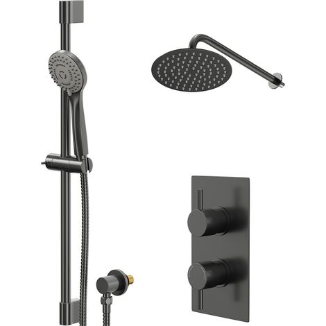 Colore Round Gunmetal Grey Concealed Twin Thermostatic Shower Valve with Diverter and 200mm Fixed Head with 345mm Wall Arm and Slide Rail Kit -  2 Outlets (1/5)