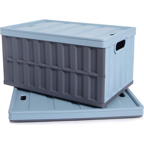 Lot de 2 Boîte rangement empilable en plastique de 64 L, avec couvercle, boite pliantes Pour usage domestique, camping en plein air, bureau, garage, rangement d'outils, bleu (1/5)