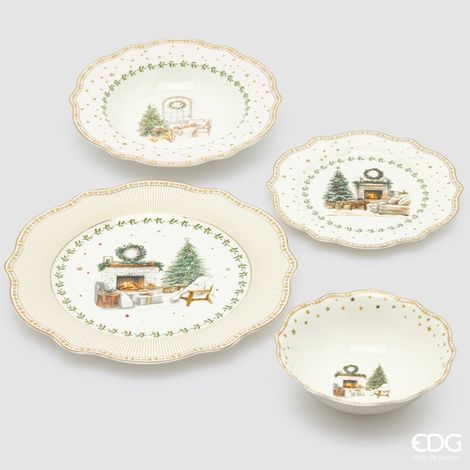 EDG Enzo De Gasperi Servizio Piatti Caminetto Natalizio 24 Pz – Ceramica Bianco Verde (Piano, Fondo, Dessert e Ciotole) (1/5)